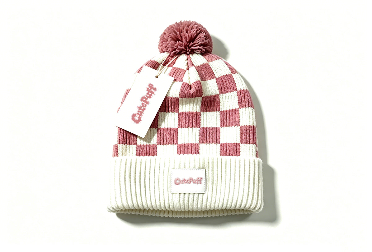 CutePuff Checkered Pom Pom Beanie Hat, Soft Knit Winter Cuffed Skull Cap, Warm Fashion Plaid Beanie for Women Daily Outdoor