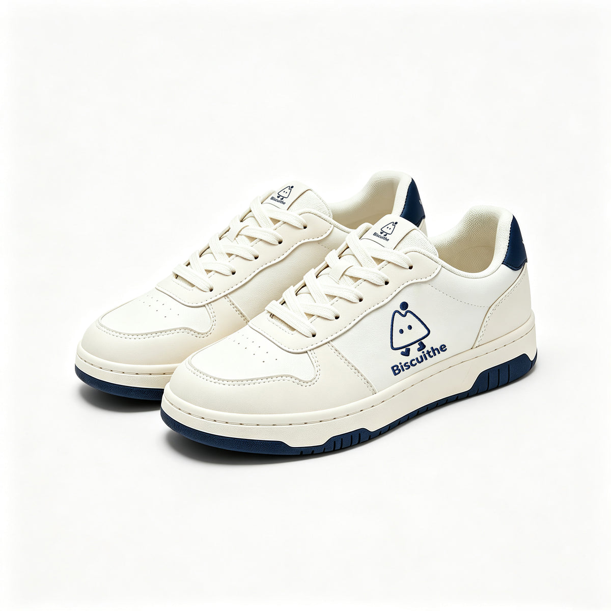 Biscuithe Women's Low Top Casual Sneakers, Classic White Navy Lace-up Board Shoes, Comfortable Walking Flat Shoes for Daily Wear