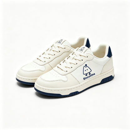 Biscuithe Women's Low Top Casual Sneakers, Classic White Navy Lace-up Board Shoes, Comfortable Walking Flat Shoes for Daily Wear