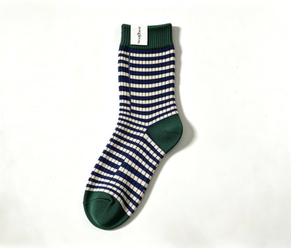 Wouldbest Women Striped Crew Socks, Retro Color Block Mid Calf Socks, Soft Breathable Casual Knit Socks for Daily Wear