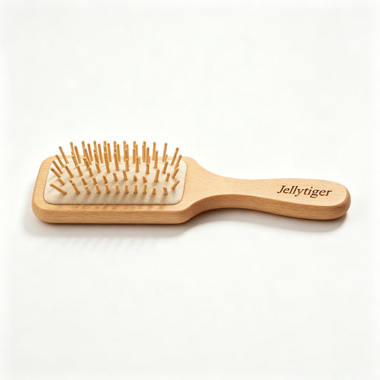 Jellytiger Wooden Paddle Hair Brush, Beech Wood Cushion Hairbrush with Round Wooden Bristles, Detangling Scalp Massage Air Cushion Comb