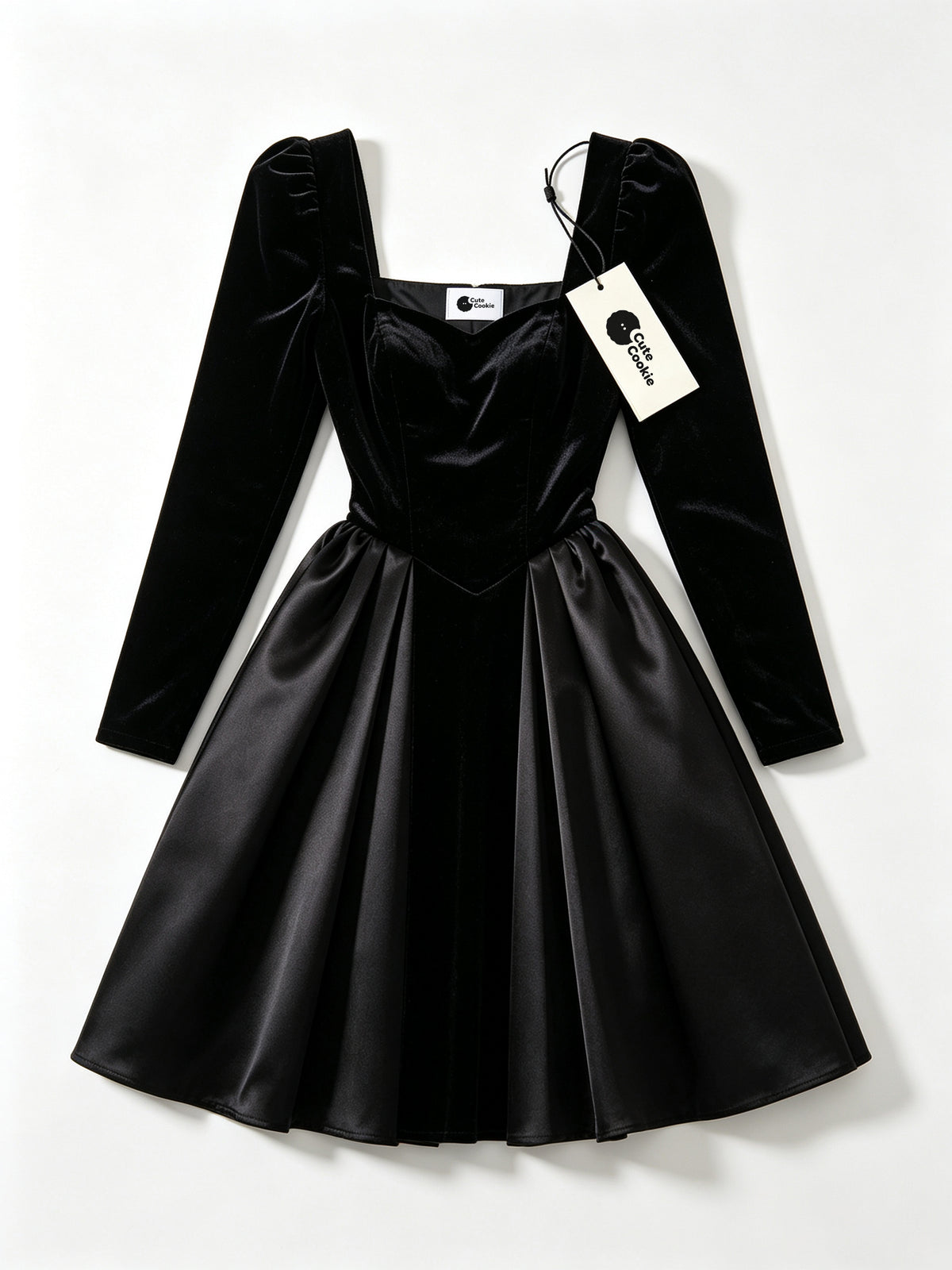 Cute Cookie Women's Long Sleeve Velvet Satin Midi Dress, Square Neck Corset Waist A-Line Cocktail Party Dress, Black Formal Dress for Wedding Guest