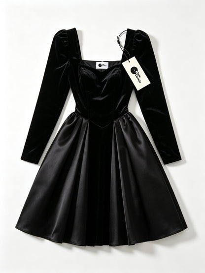 Cute Cookie Women's Long Sleeve Velvet Satin Midi Dress, Square Neck Corset Waist A-Line Cocktail Party Dress, Black Formal Dress for Wedding Guest