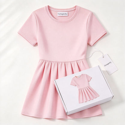 Getupretty Girls Short Sleeve Pleated Dress, Crew Neck A‑Line Casual Sundress, Soft Lightweight Kids Play Dress for Daily Holiday Party Outfit