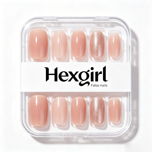 Hexgirl Nude Glitter Ombre Press On Nails, Medium Oval Glossy Fake Nails, Natural Reusable Neutral Shimmer Stick On Nail Kit for Daily Office Wedding Manicure