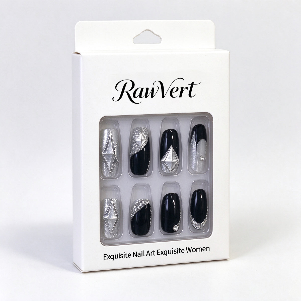 RawVert False Nails, Medium Coffin Fake Nails, Black Silver Glitter False Nails with 3D Silver Star Diamond Charms, Reusable Stick On False Nails for Women Nail Art