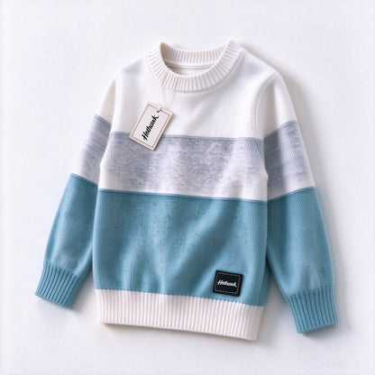 Hothawk Kids Crew Neck Sweater, Color Block Striped Long Sleeve Knit Pullover, Soft Warm Casual Sweater for Boys Girls