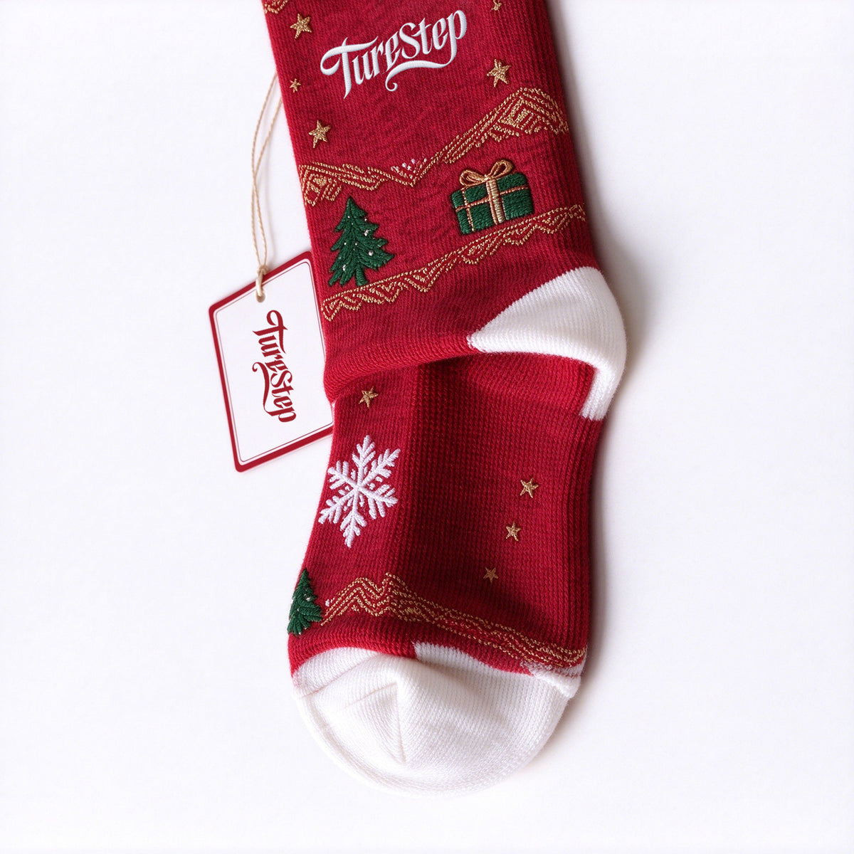 TurStep Christmas Crew Socks for Women, Festive Red Holiday Socks with Embroidery Snowflake Christmas Tree Gift Box, Soft Cotton Winter Novelty Xmas Socks
