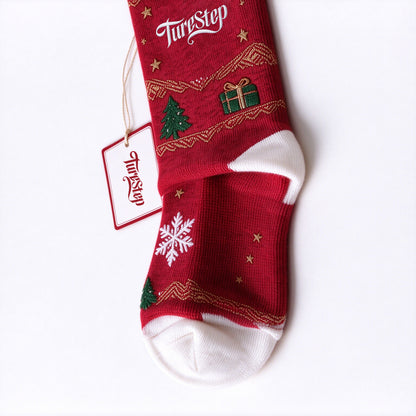 TurStep Christmas Crew Socks for Women, Festive Red Holiday Socks with Embroidery Snowflake Christmas Tree Gift Box, Soft Cotton Winter Novelty Xmas Socks