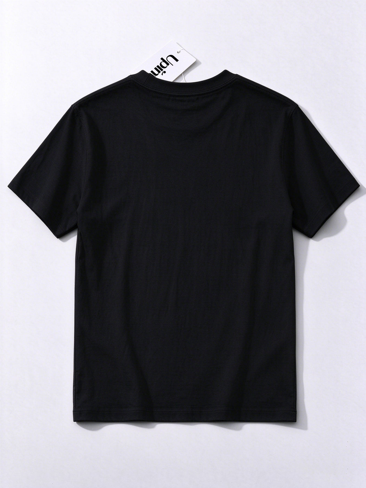 Upinto Men's Crew Neck Short Sleeve T-Shirt, Classic Black Casual Tee with Red Woven Label Patch Logo, Soft Cotton Everyday Basic T Shirts for Men