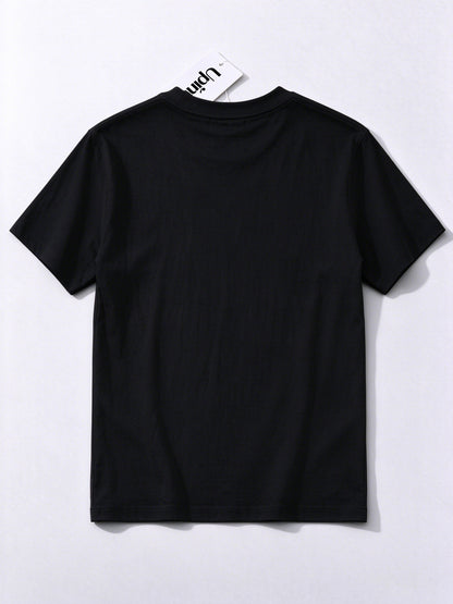 Upinto Men's Crew Neck Short Sleeve T-Shirt, Classic Black Casual Tee with Red Woven Label Patch Logo, Soft Cotton Everyday Basic T Shirts for Men