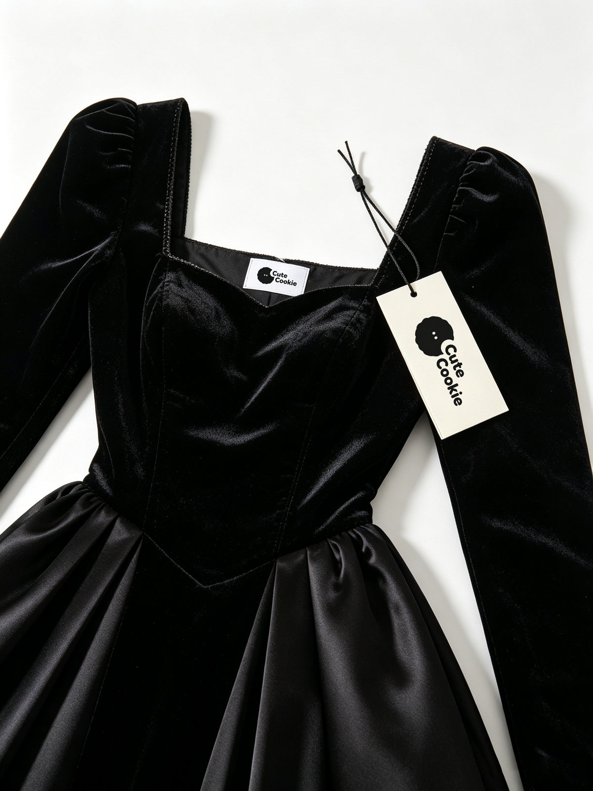 Cute Cookie Women's Long Sleeve Velvet Satin Midi Dress, Square Neck Corset Waist A-Line Cocktail Party Dress, Black Formal Dress for Wedding Guest