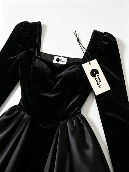 Cute Cookie Women's Long Sleeve Velvet Satin Midi Dress, Square Neck Corset Waist A-Line Cocktail Party Dress, Black Formal Dress for Wedding Guest