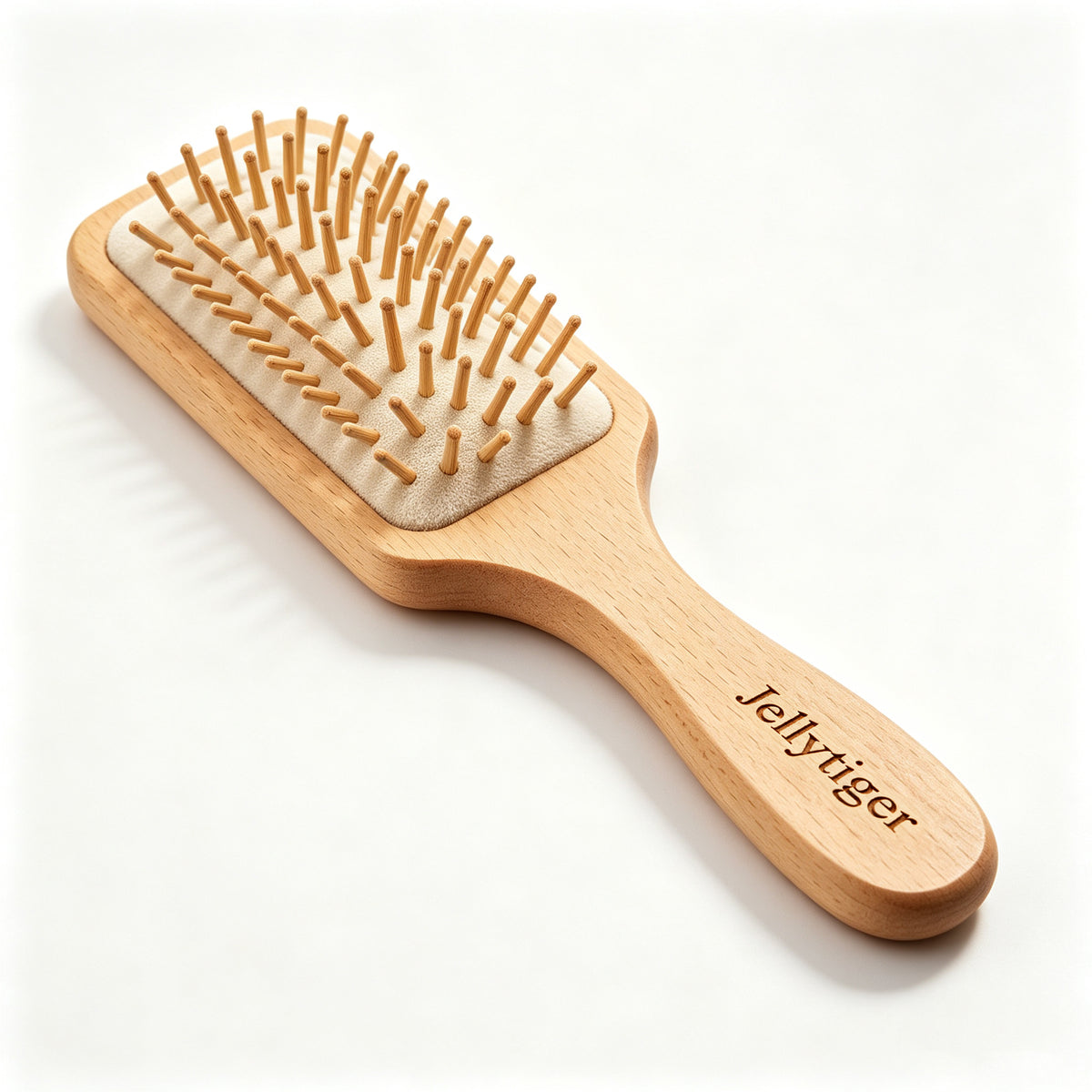 Jellytiger Wooden Paddle Hair Brush, Beech Wood Cushion Hairbrush with Round Wooden Bristles, Detangling Scalp Massage Air Cushion Comb