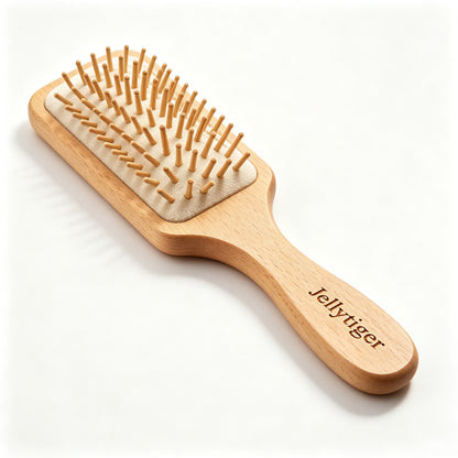 Jellytiger Wooden Paddle Hair Brush, Beech Wood Cushion Hairbrush with Round Wooden Bristles, Detangling Scalp Massage Air Cushion Comb