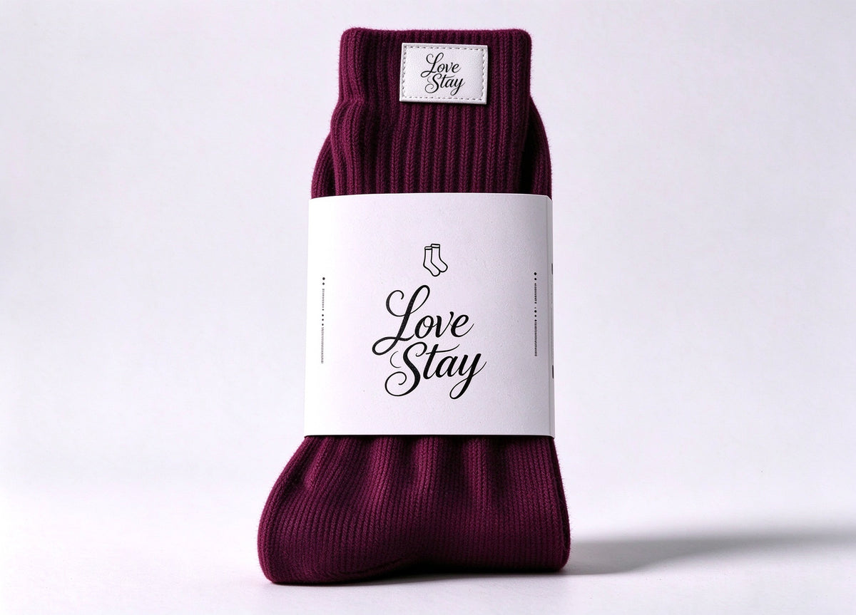 Love Stay Ribbed Crew Socks for Women, Soft Warm Mid Calf Socks, Casual Knit Socks with Leather Label