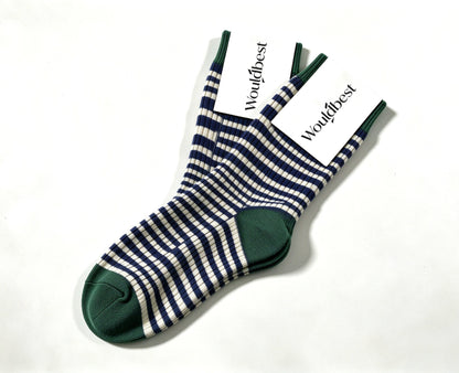 Wouldbest Women Striped Crew Socks, Retro Color Block Mid Calf Socks, Soft Breathable Casual Knit Socks for Daily Wear