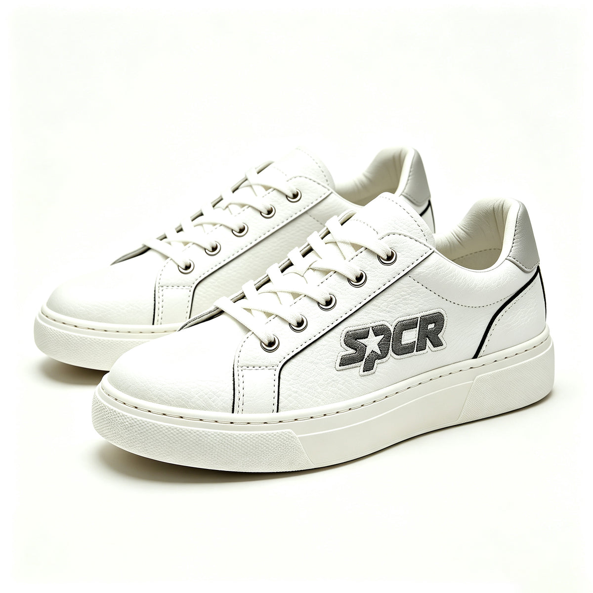 SPCR Men's Classic White Sneakers, Thick Sole Heightening Casual White Shoes, Leather Wear-resistant Low-top Lace-up Daily Commute Skate Shoes