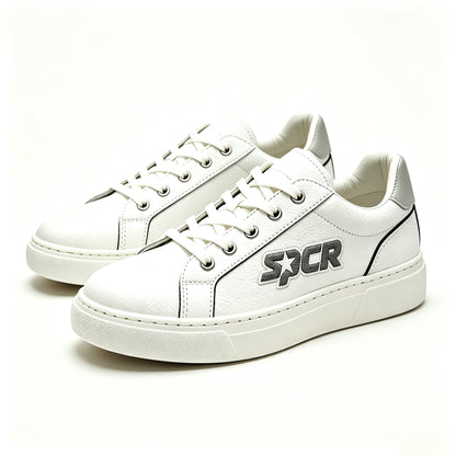 SPCR Men's Classic White Sneakers, Thick Sole Heightening Casual White Shoes, Leather Wear-resistant Low-top Lace-up Daily Commute Skate Shoes