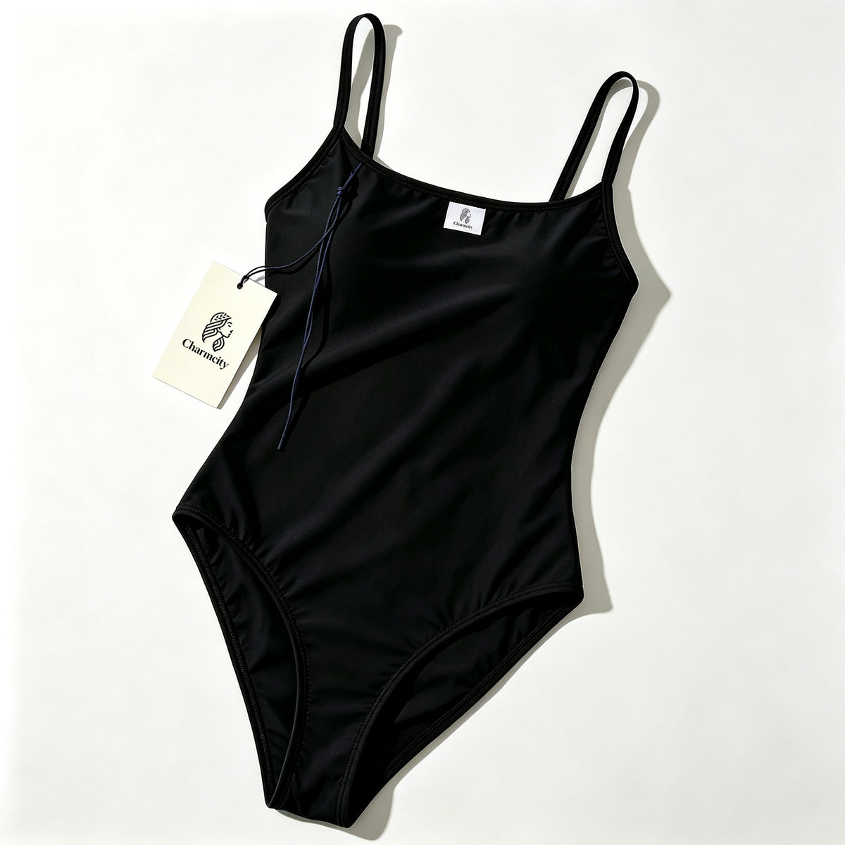 Charmcity Women's One Piece Swimsuit, Square Neck Thin Spaghetti Straps Bathing Suit, Classic Black Slim Fit Swimwear for Beach Pool