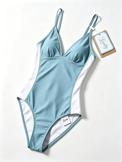 Loadiy Women One-Piece Swimsuit, V-Neck Spaghetti Strap Color Block Bathing Suit, Slim Fit Beach Swimwear for Ladies