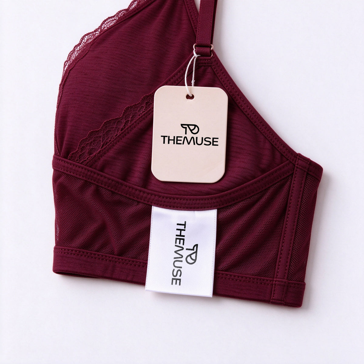 THEMUSE Underwear for Women, Wireless V-Neck Lace Bra, Soft Breathable Padded Everyday Underwear with Adjustable Straps