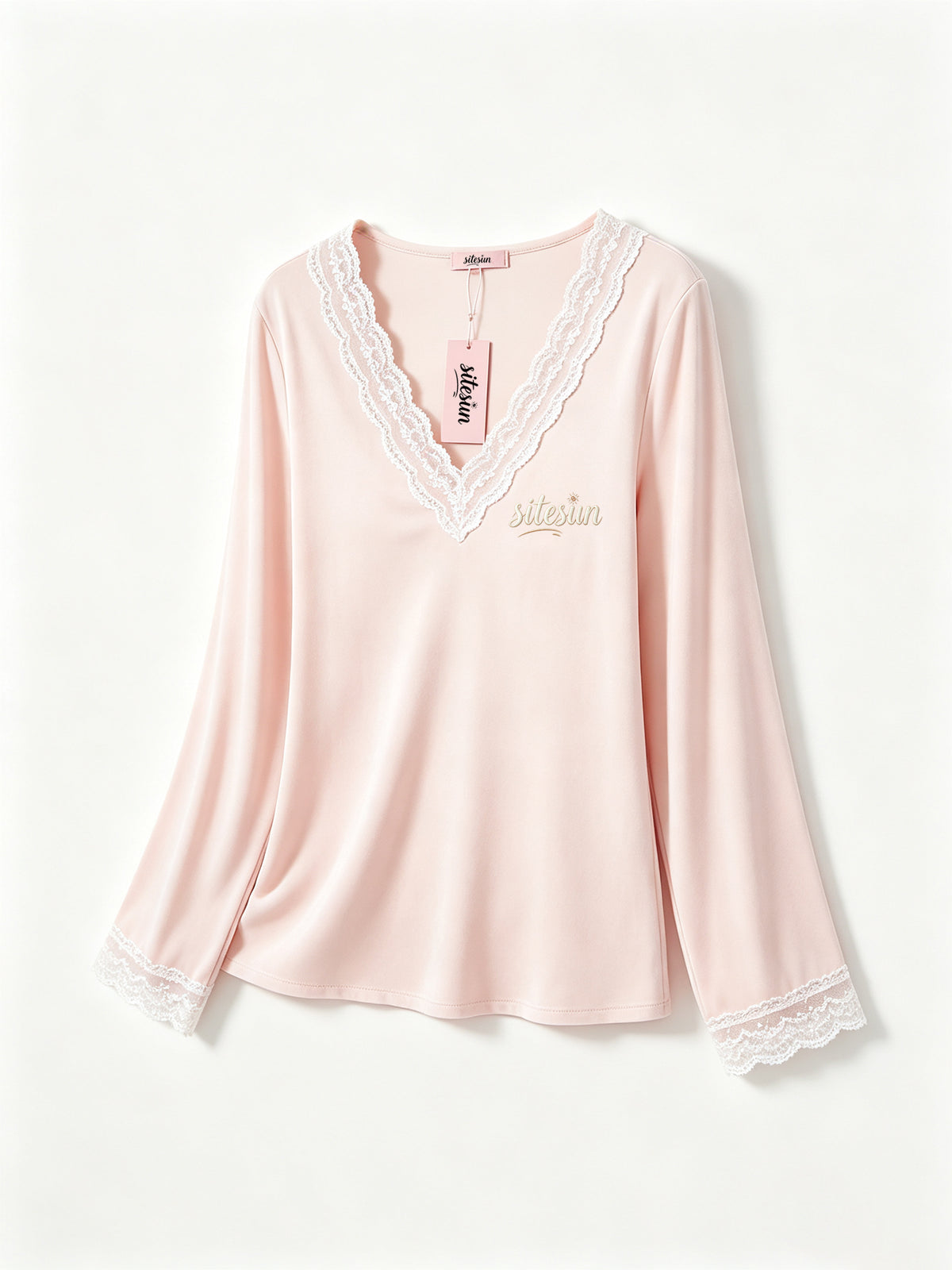 sitesun Women's Long Sleeve Sleepwear Top, Soft Lace V-Neck Nightshirt with Embroidery, Lightweight Loungewear Top for Ladies