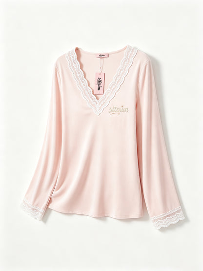 sitesun Women's Long Sleeve Sleepwear Top, Soft Lace V-Neck Nightshirt with Embroidery, Lightweight Loungewear Top for Ladies