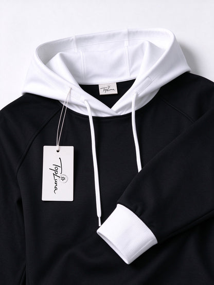 TopLuna Women Color Block Hoodie, Slim Fit Long Sleeve Pullover Hooded Sweatshirt, Black White Contrast Hoodie with Drawstring for Sports Casual Wear