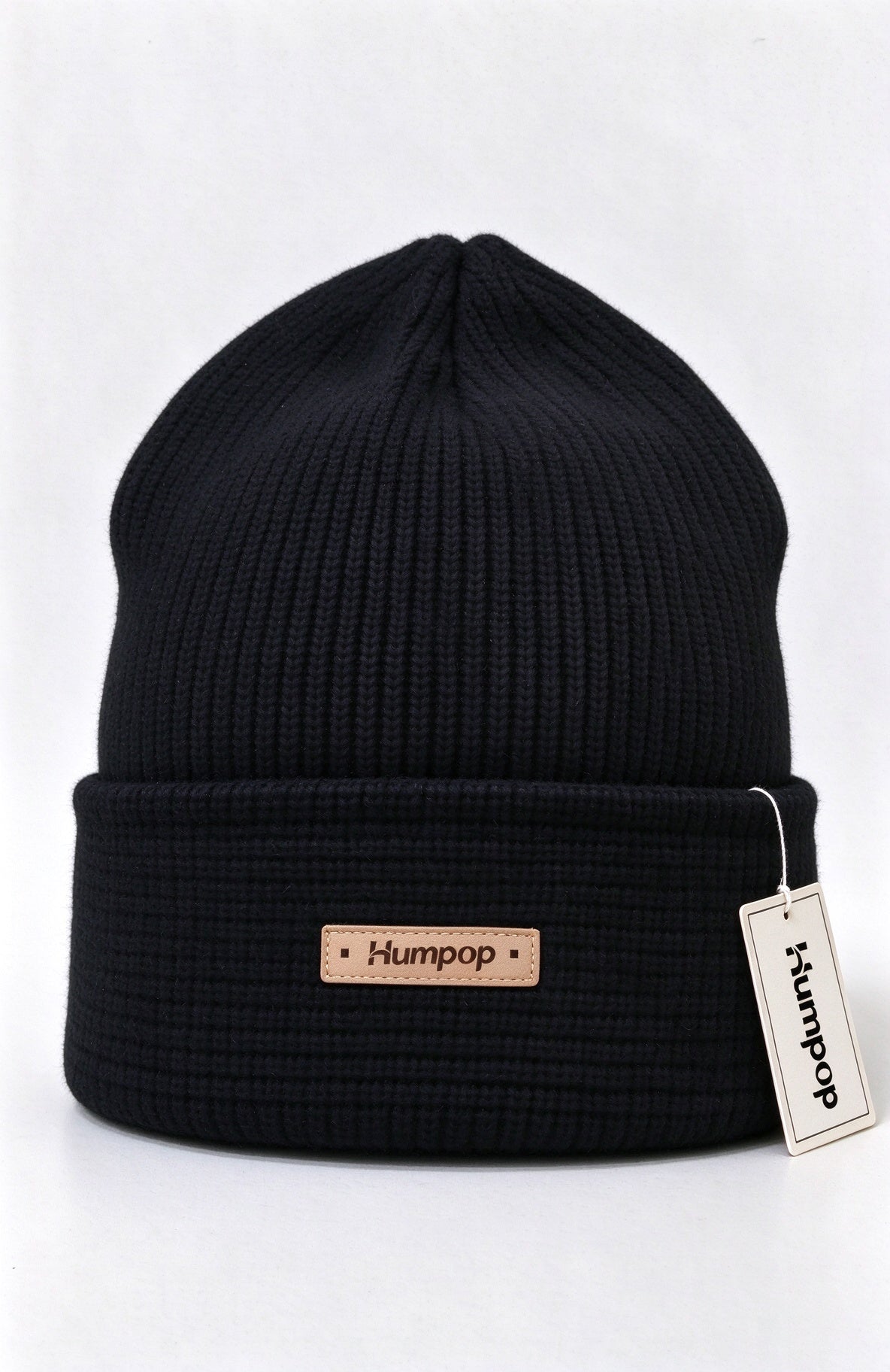 Humpop Knit Beanie Hats for Men Women, Cuffed Winter Skull Hats, Soft Stretchy Warm Cuffed Hats with Leather Patch Logo