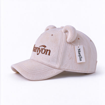 Manyon Cute Bear Ears Plush Baseball Hats, Fuzzy Warm Adjustable Curved Brim Hats, Casual Fashion Winter Outdoor Sport Hats for Women Girls