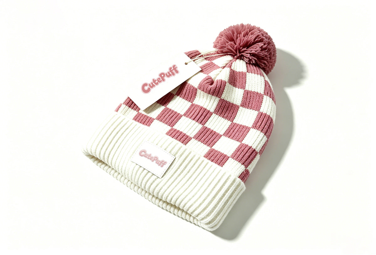 CutePuff Checkered Pom Pom Beanie Hat, Soft Knit Winter Cuffed Skull Cap, Warm Fashion Plaid Beanie for Women Daily Outdoor