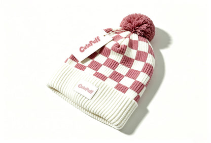 CutePuff Checkered Pom Pom Beanie Hat, Soft Knit Winter Cuffed Skull Cap, Warm Fashion Plaid Beanie for Women Daily Outdoor
