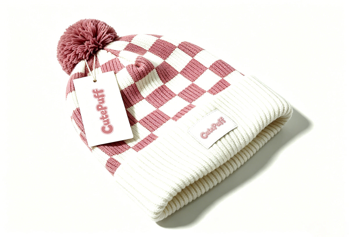 CutePuff Checkered Pom Pom Beanie Hat, Soft Knit Winter Cuffed Skull Cap, Warm Fashion Plaid Beanie for Women Daily Outdoor