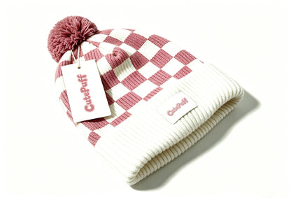 CutePuff Checkered Pom Pom Beanie Hat, Soft Knit Winter Cuffed Skull Cap, Warm Fashion Plaid Beanie for Women Daily Outdoor