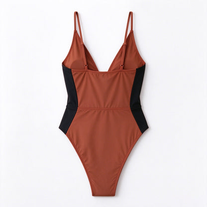 Southhill Women One Piece Swimsuit, V Neck Color Block Bathing Suit, Adjustable Spaghetti Straps Tummy Control Swimwear for Beach Pool