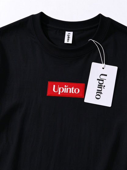 Upinto Men's Crew Neck Short Sleeve T-Shirt, Classic Black Casual Tee with Red Woven Label Patch Logo, Soft Cotton Everyday Basic T Shirts for Men
