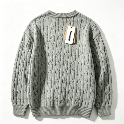 Dusthe Men's Crew Neck Cable Knit Sweater, Vintage Thick Pullover, Loose Fit Long Sleeve Warm Top for Fall Winter