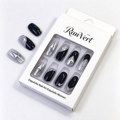 RawVert False Nails, Medium Coffin Fake Nails, Black Silver Glitter False Nails with 3D Silver Star Diamond Charms, Reusable Stick On False Nails for Women Nail Art