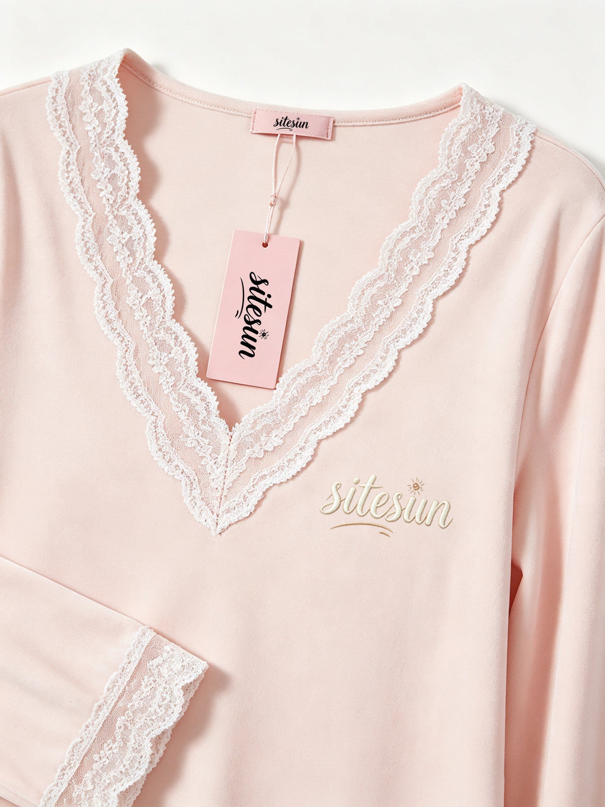 sitesun Women's Long Sleeve Sleepwear Top, Soft Lace V-Neck Nightshirt with Embroidery, Lightweight Loungewear Top for Ladies