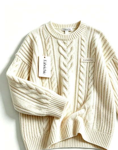 Fabrichic Cable Knit Crew Neck Sweater, Loose Long Sleeve Pullover Jumper, Soft Warm Casual Knitted Sweater for Women Fall Winter Daily Wear