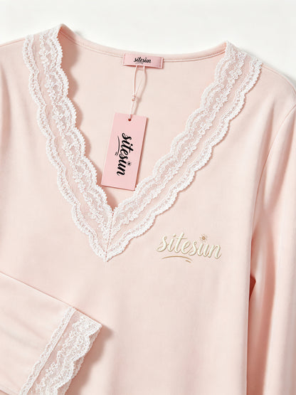sitesun Women's Long Sleeve Sleepwear Top, Soft Lace V-Neck Nightshirt with Embroidery, Lightweight Loungewear Top for Ladies