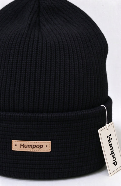 Humpop Knit Beanie Hats for Men Women, Cuffed Winter Skull Hats, Soft Stretchy Warm Cuffed Hats with Leather Patch Logo
