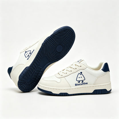Biscuithe Women's Low Top Casual Sneakers, Classic White Navy Lace-up Board Shoes, Comfortable Walking Flat Shoes for Daily Wear