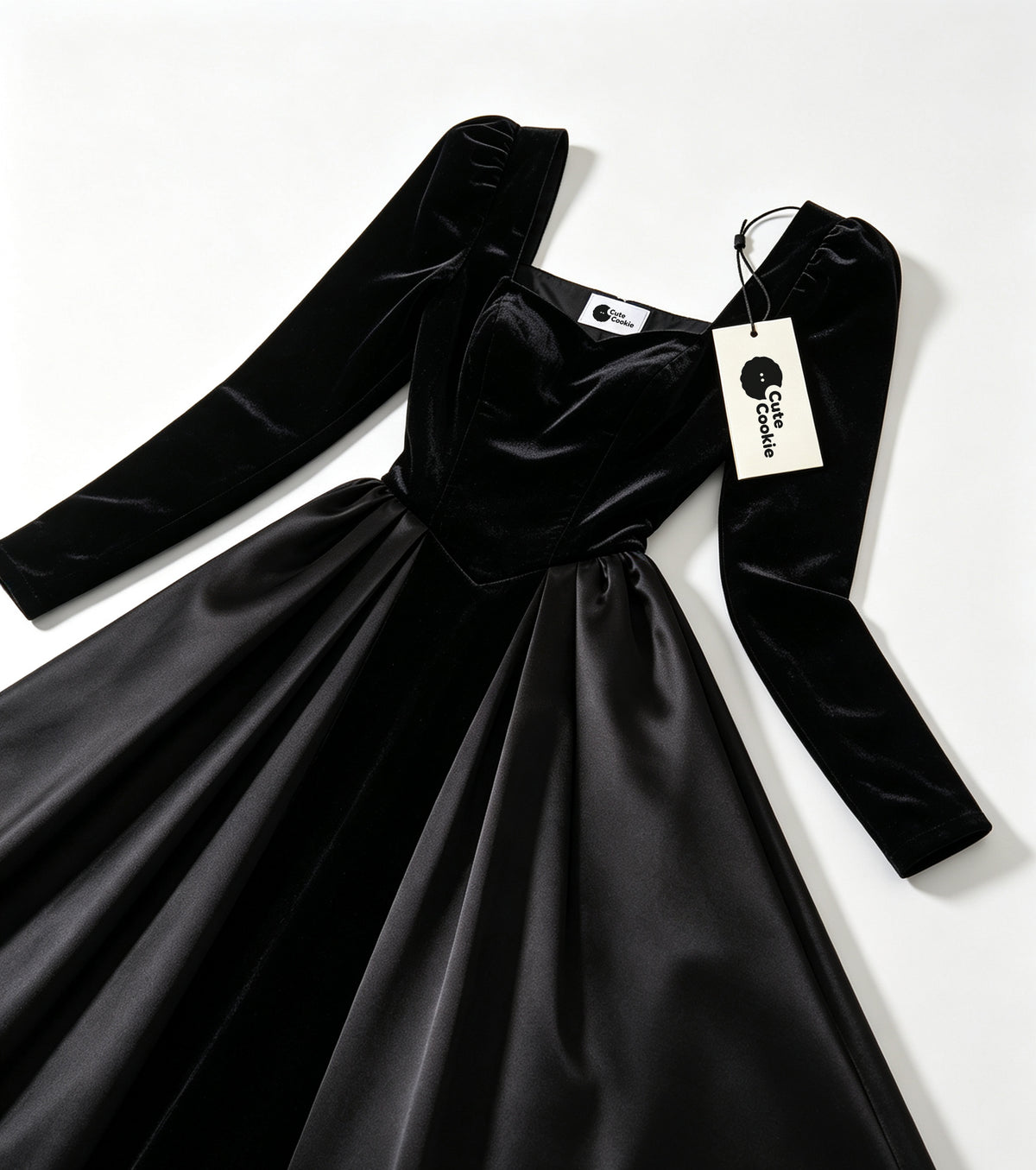 Cute Cookie Women's Long Sleeve Velvet Satin Midi Dress, Square Neck Corset Waist A-Line Cocktail Party Dress, Black Formal Dress for Wedding Guest
