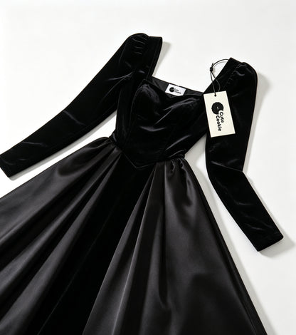 Cute Cookie Women's Long Sleeve Velvet Satin Midi Dress, Square Neck Corset Waist A-Line Cocktail Party Dress, Black Formal Dress for Wedding Guest