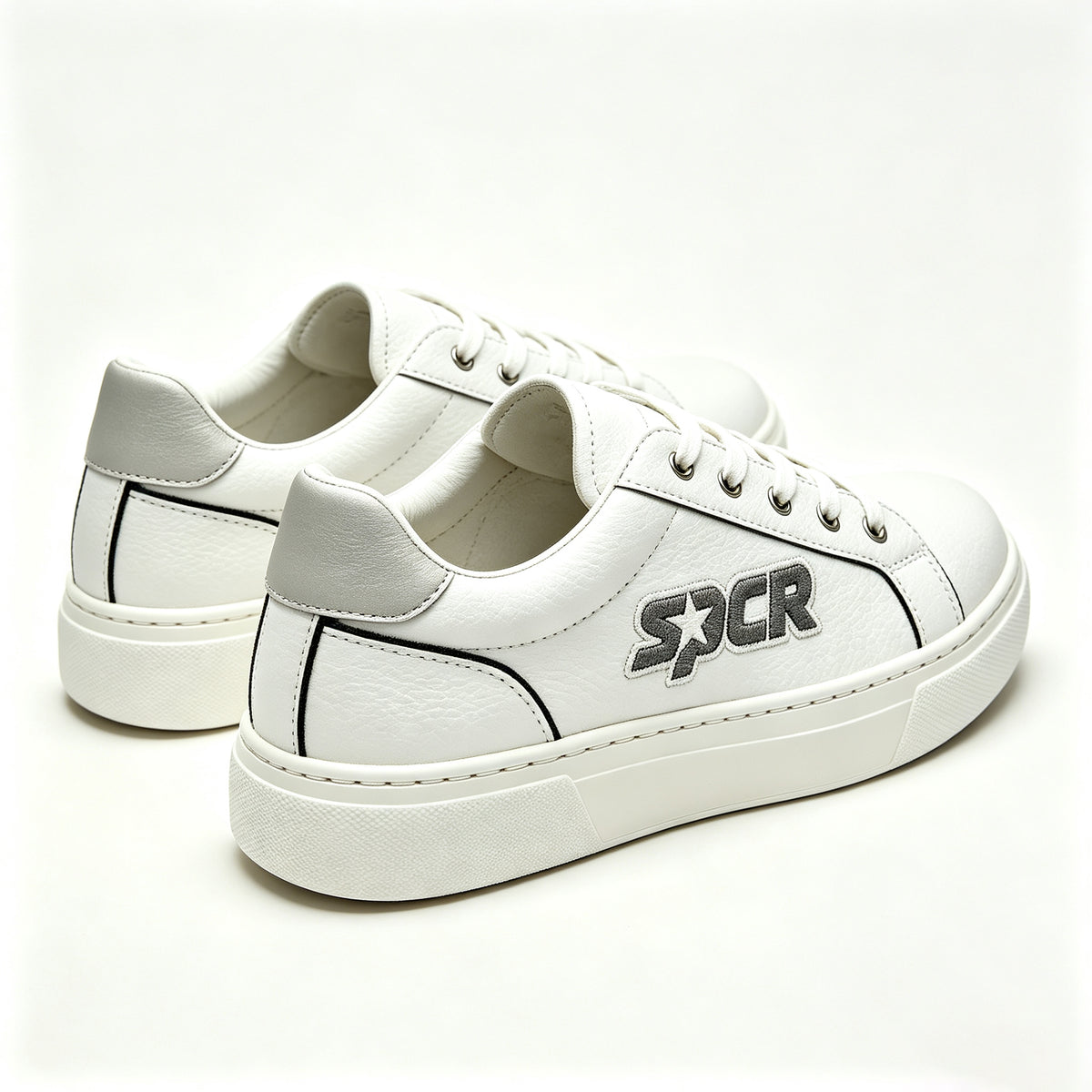 SPCR Men's Classic White Sneakers, Thick Sole Heightening Casual White Shoes, Leather Wear-resistant Low-top Lace-up Daily Commute Skate Shoes
