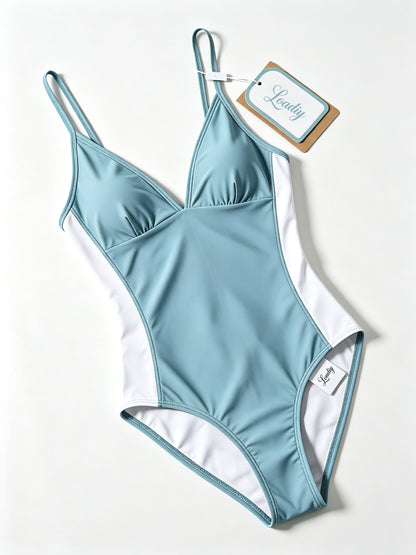 Loadiy Women One-Piece Swimsuit, V-Neck Spaghetti Strap Color Block Bathing Suit, Slim Fit Beach Swimwear for Ladies