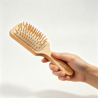 Jellytiger Wooden Paddle Hair Brush, Beech Wood Cushion Hairbrush with Round Wooden Bristles, Detangling Scalp Massage Air Cushion Comb