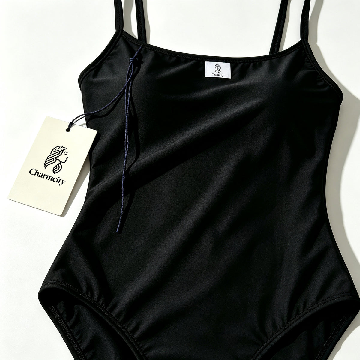 Charmcity Women's One Piece Swimsuit, Square Neck Thin Spaghetti Straps Bathing Suit, Classic Black Slim Fit Swimwear for Beach Pool
